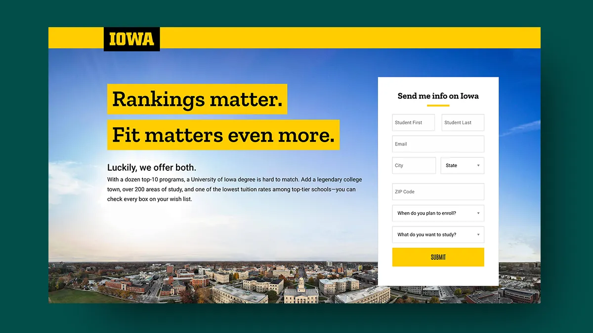 University of lowa landing page with a short inquiry form for prospective students.