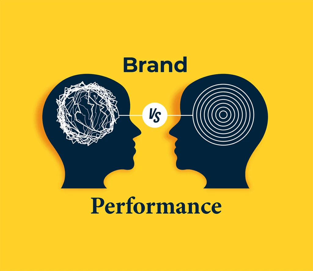 Branding vs performance marketing illustrated with two heads symbolizing strategic and results-driven thinking in higher education marketing