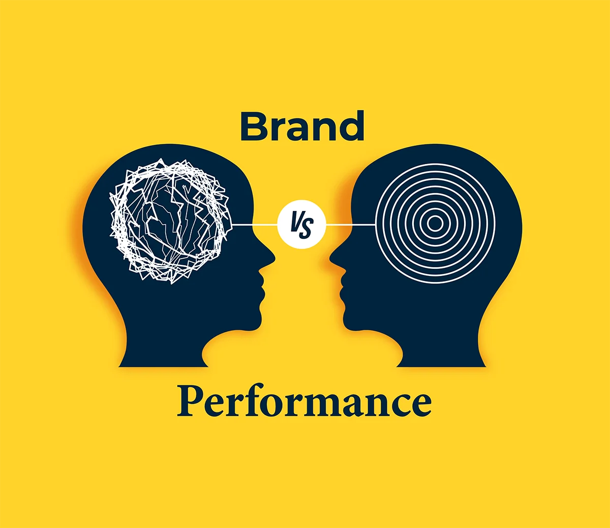 Branding vs performance marketing illustrated with two heads symbolizing strategic and results-driven thinking in higher education marketing