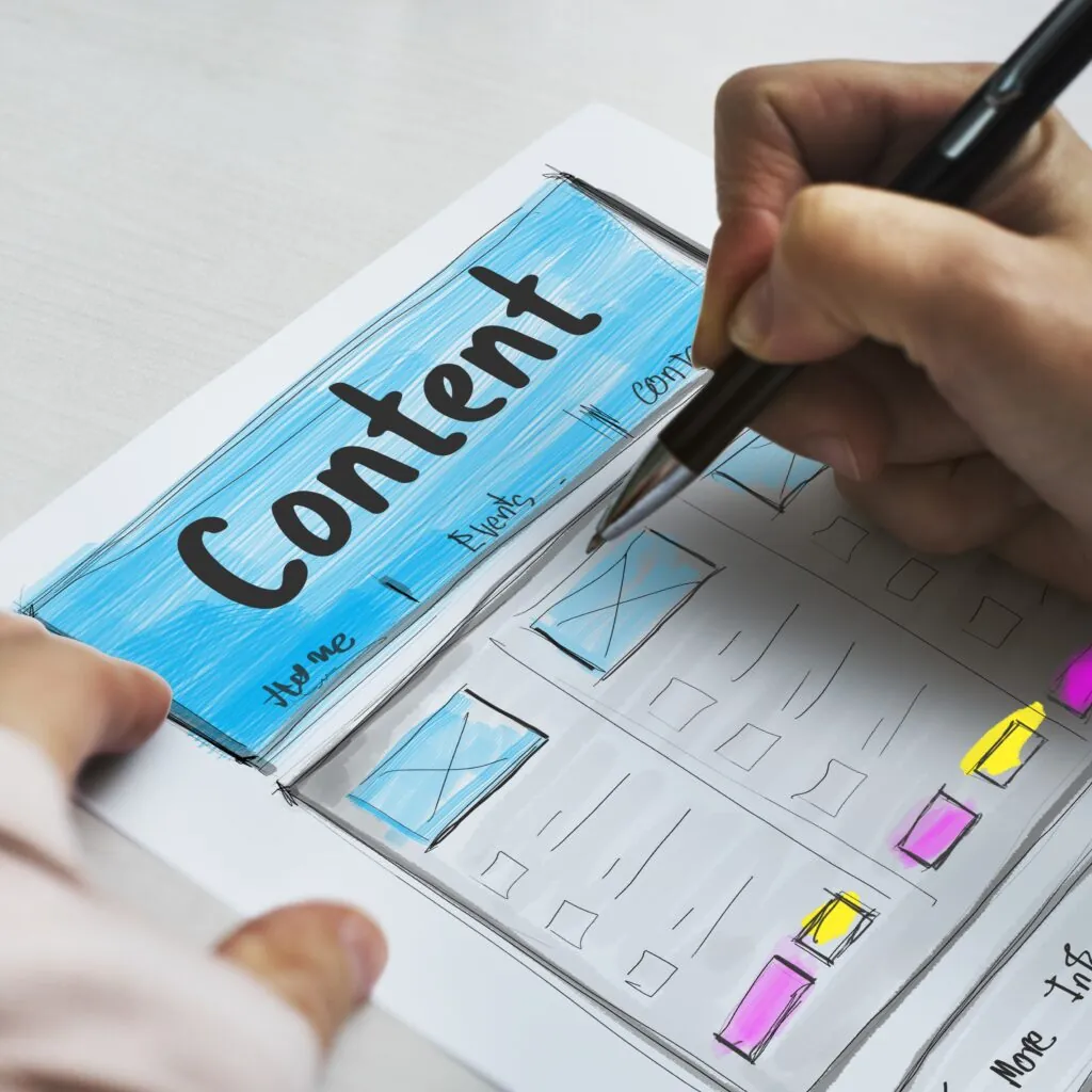 Close-up of a hand sketching a content strategy layout on paper, with bold ‘Content’ written across the top — symbolizing planning, creativity, and higher ed marketing success.